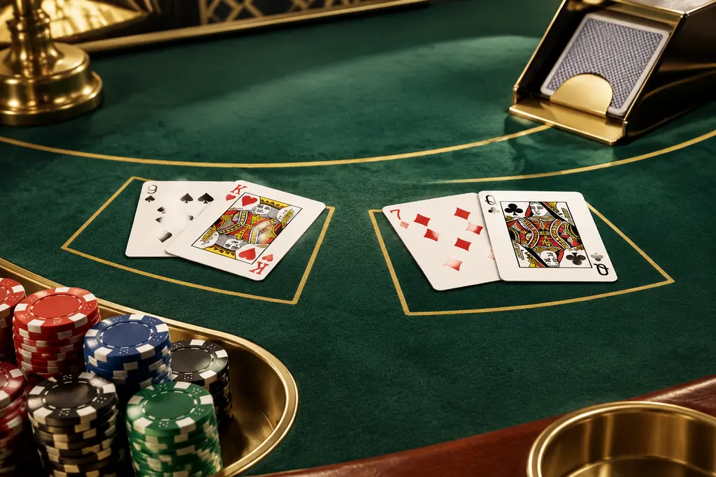 Dua tangan kartu baccarat di meja kasino