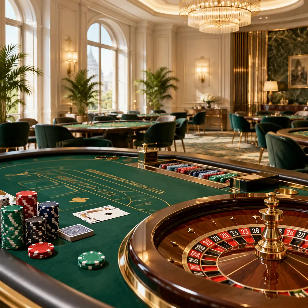 Ruang kasino dengan meja kartu, roda roulette, dan susunan chip
