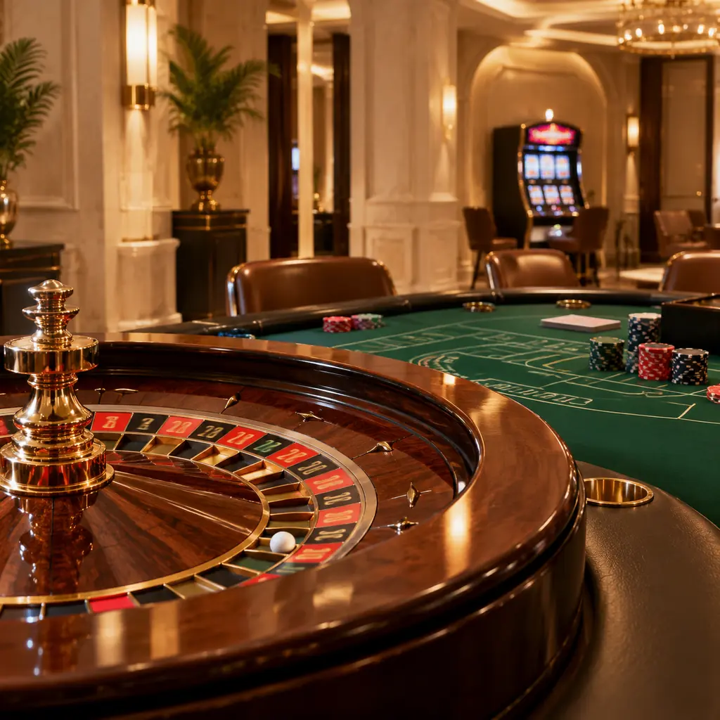 Roda roulette dengan meja kartu di latar belakang