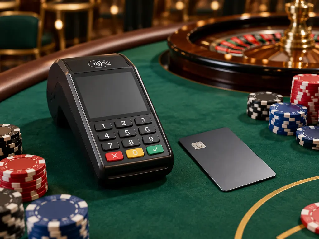 Perangkat pembayaran kosong dan chip di meja kasino