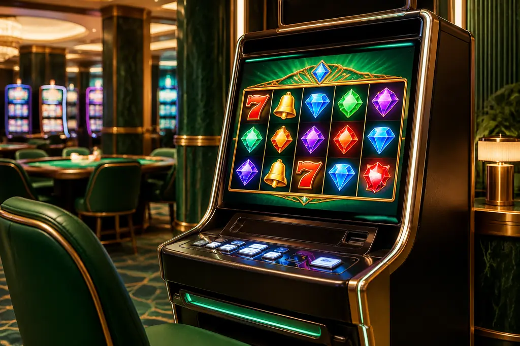 Mesin slot dengan simbol permata di ruang kasino