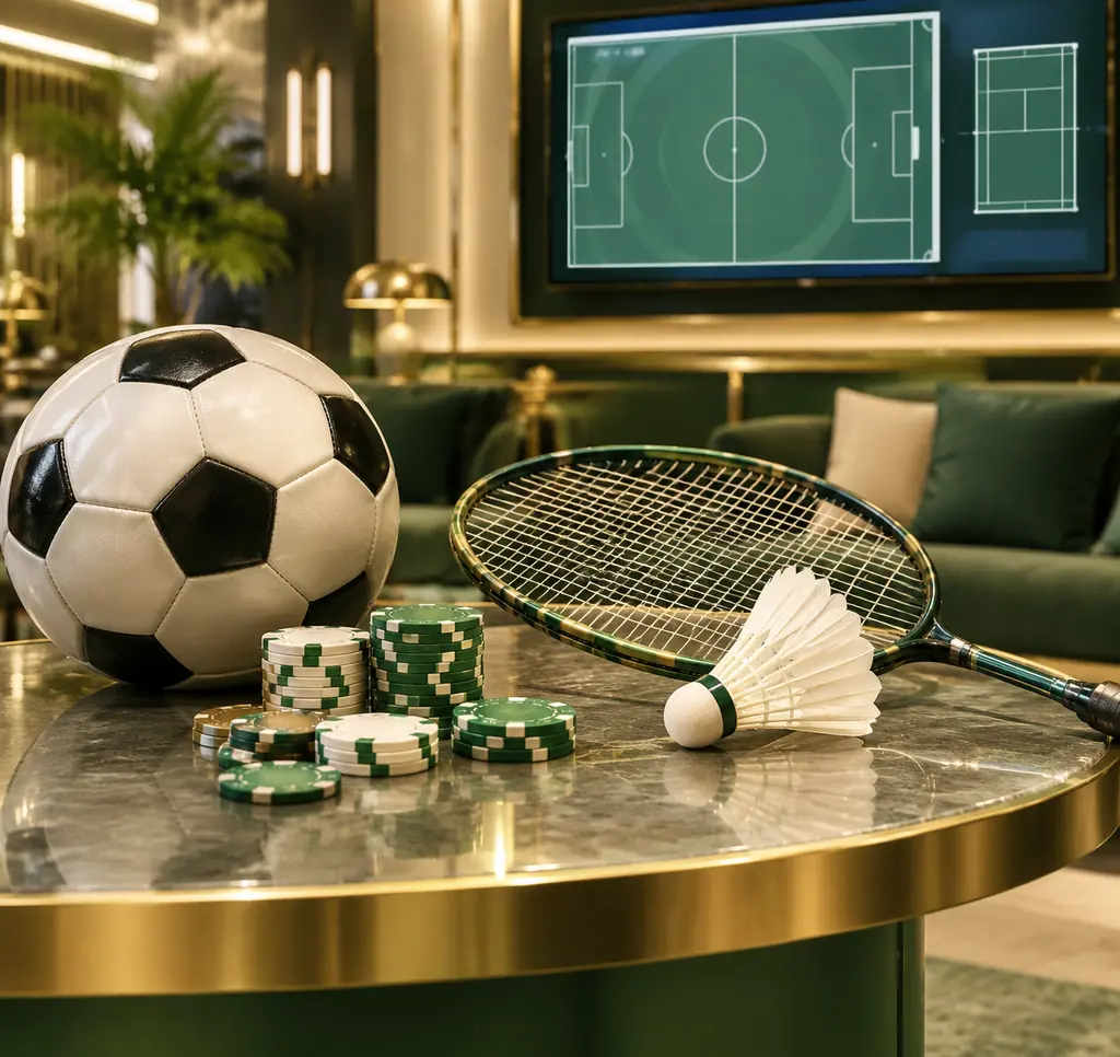 Meja kasino dengan layar lapangan sepak bola dan raket bulu tangkis