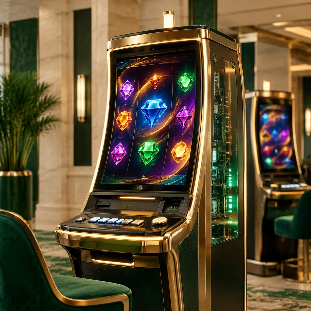 Kabinet slot dengan panel elektronik dan cahaya hijau di ruang kasino